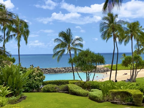 Zoom shot from the west lanai to the beach and lagoon