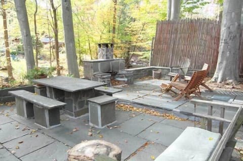 An extensive blue stone patio with built-in seating overlooks the stream.