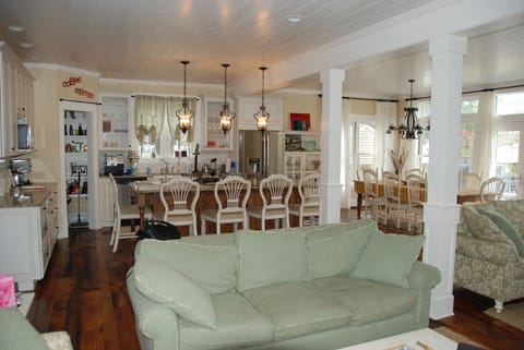 View of kitchen and dining from large family sitting area