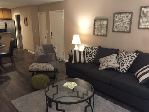 Living room with memory foam queen size sofa bed.