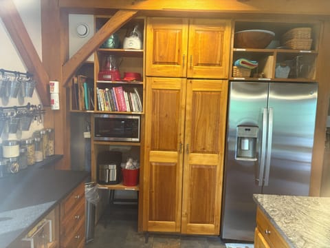 Refrigerator, pantry and microwave.