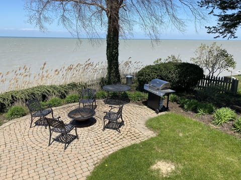 Patio with Fire Pit, table, and gas grill