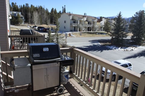 Our deck and bbq grill.  A great place to watch the sun set.  In winter, the free shuttle bus stops at the corner shown in this picture