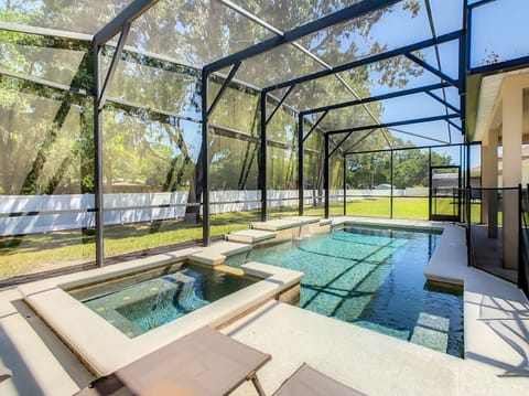 Screened back yard with Heated Pool and Spa