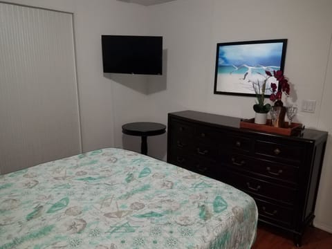 Master Bedroom with a queen size bed, TV and attached bathroom