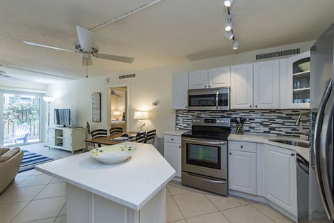 View from the kitchen towards living room and patio