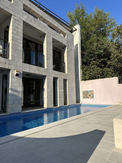 View of the pool directly to the front of the villa.