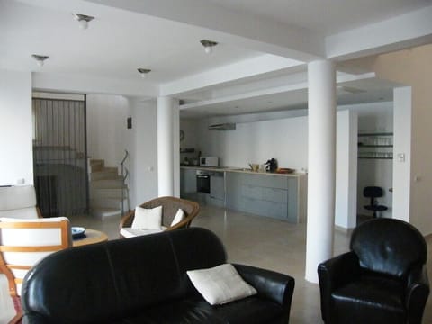 View across living area towards kitchen
