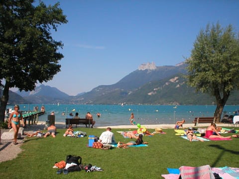 Swim and sun-bathe at Doussard's grassy beach ...