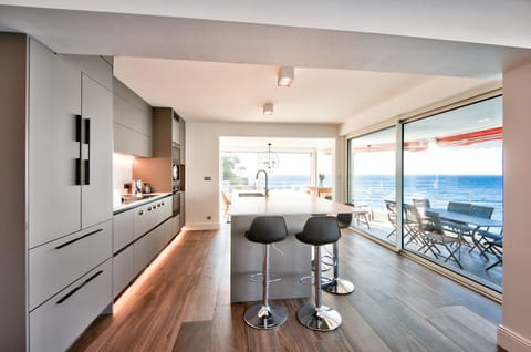 The kitchen has a large fridge/freezer, a wine cellar, and a dishwasher