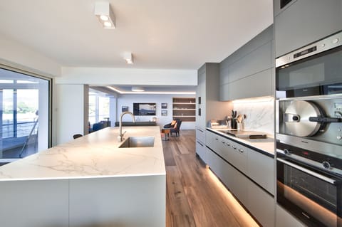 The kitchen with convection oven, steam oven, microwave oven, gas/electric hobbs