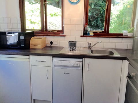 Modern kitchen with dishwasher, oven and hob. Looks out to the woods.