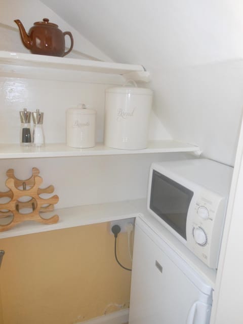 Pantry area with fridge and microwave.