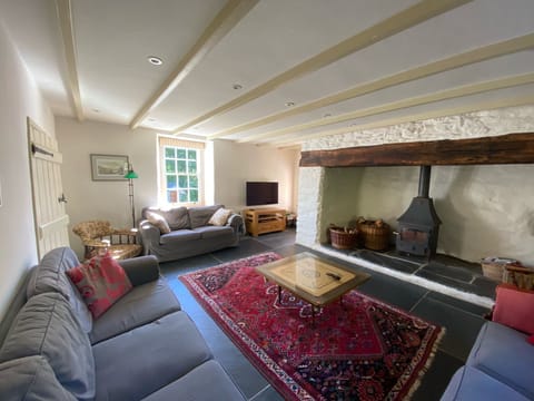 Spacious living room with clear view woodburner and free log supply