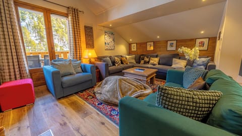 Large living room with woodburning stove, sofabed and TV