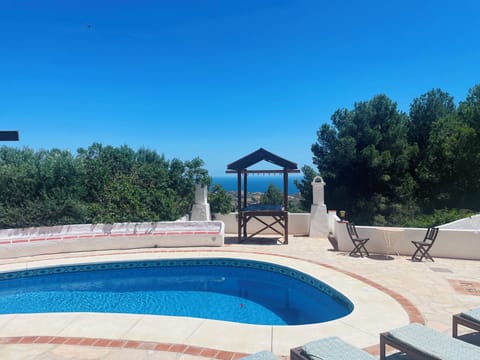 Private Pool Area - Sun Loungers, Shaded Seating Area. Sea/Mountain Views.