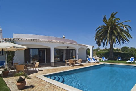 Villa Camena’s terrace with outdoor furniture and large palm tree next to the private swimming pool