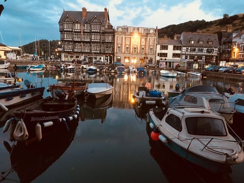 Dartmouth boat float with sun setting