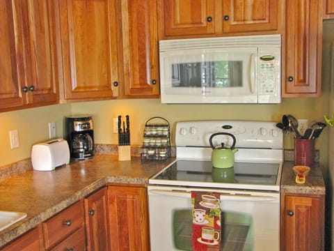 Coffee maker, toaster, blender, popcorn maker, spices, and a few condiments too!