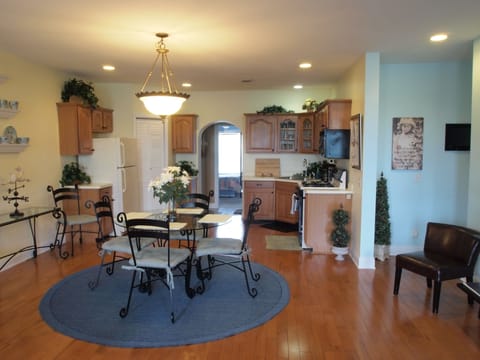 Full view of kitchen and dining area.