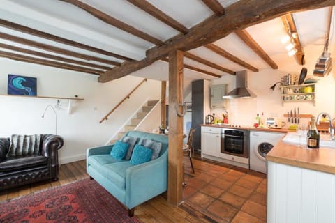 open plan living and dining with character oak beams 