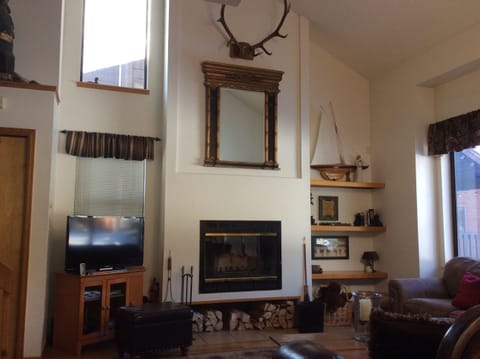 Fireplace and vaulted ceiling in the living room
