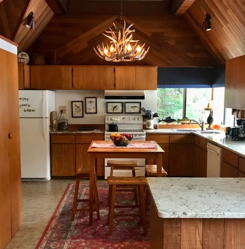 Fully equipped kitchen with soaring cedar-lined ceilings and lovely river views.