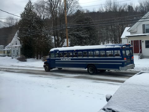 Okemo Shuttle arriving across the street (shot from our window)