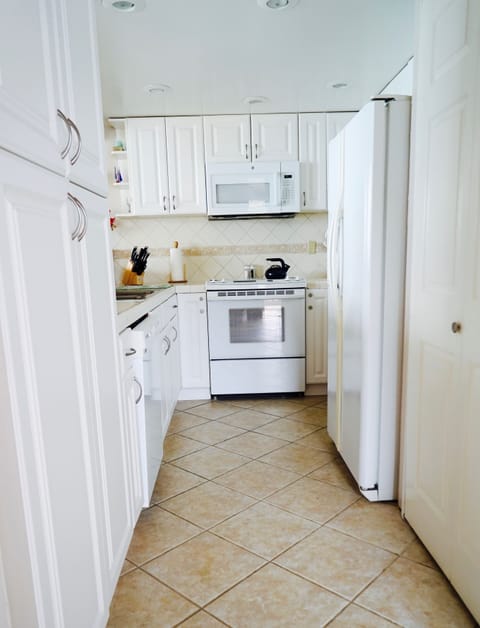 well-equipped kitchen is open to the living room and views of the ocean
