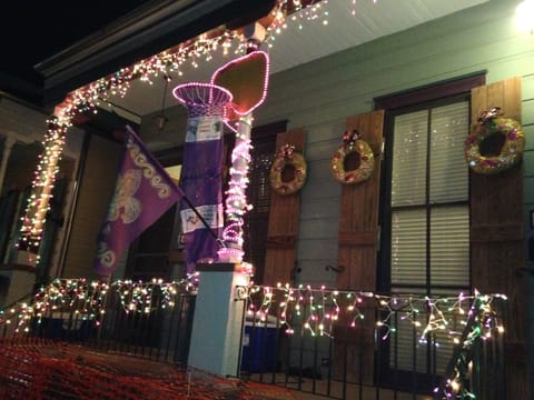 Mardi Gras Endymion Parade porch decorations waiting for guests to catch beads!