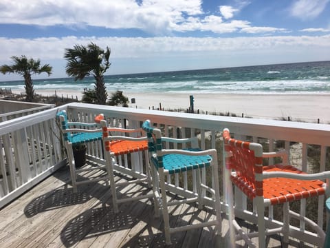 Early March 2018. New chairs w/ wide deck railing for dining.