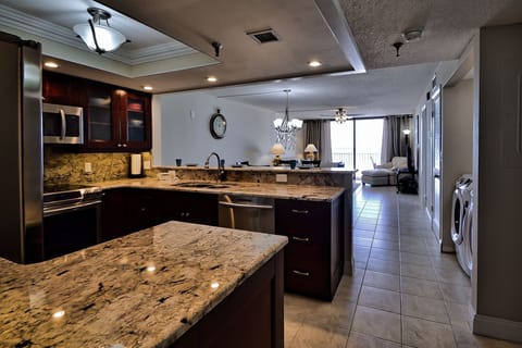 Brand new kitchen opened up to the living room.
