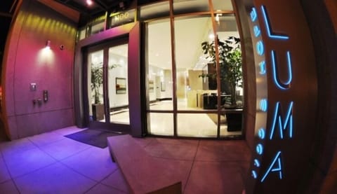 The beautiful LUMA entry at night. LUMA is a LEED-certified Green building.