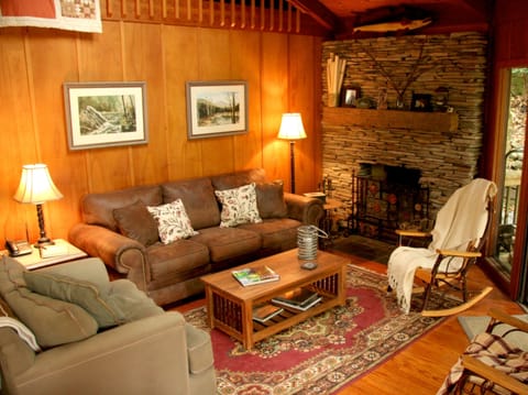 Cozy living room with new stone fireplace