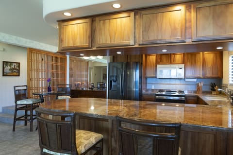 Granite counter tops and koa cabinetry.