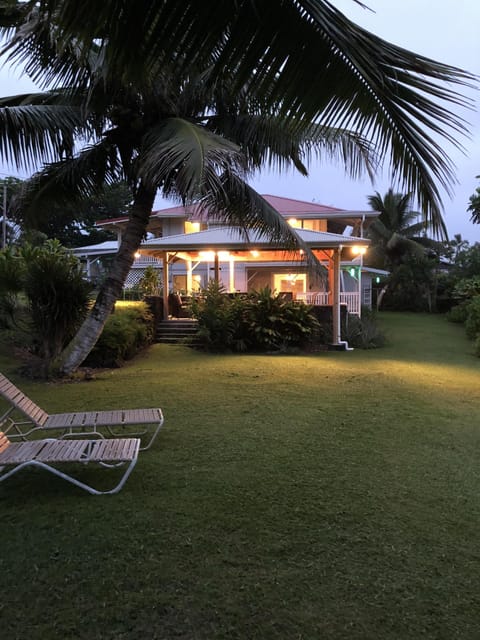 Early evening view of patio and home