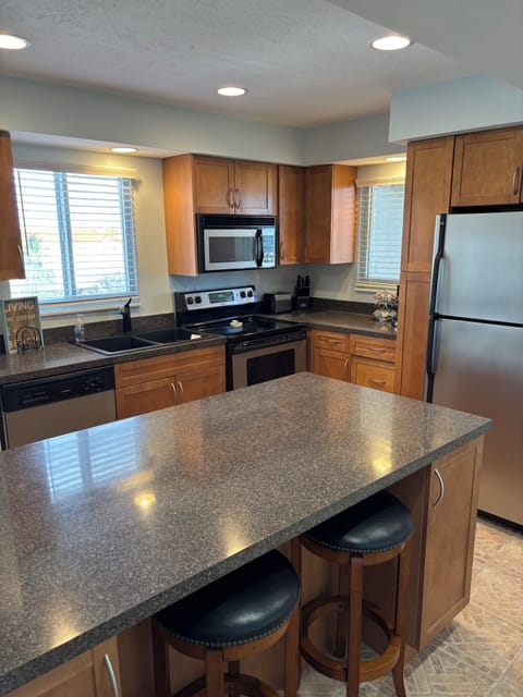 Dishwasher, microwave, full size stove, full size refrigerator, kurig, blender.