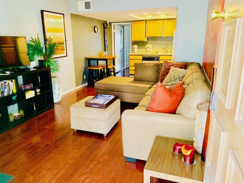 A view of the entire main living area including the dining and kitchen area.