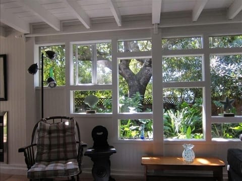 One of the most unique windows ever, looks out on the green garden and oak tree