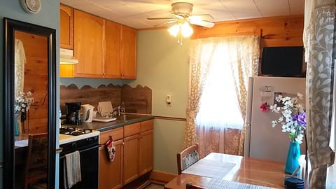 Kitchen / dining area.  Table, 2 chairs, fridge with freezer, microwave, stove