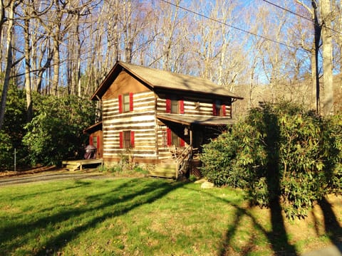 Exterior of cabin as the  sun sets.