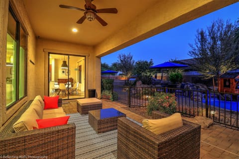 Patio overlooking pool and waterfall