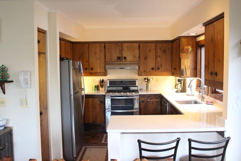 Upgraded kitchen with quartz counters and stainless steel appliances.