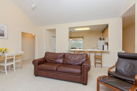 Living room sleeper sofa, fire place, tv, table seats 3 or 4 2 chairs, balcony 