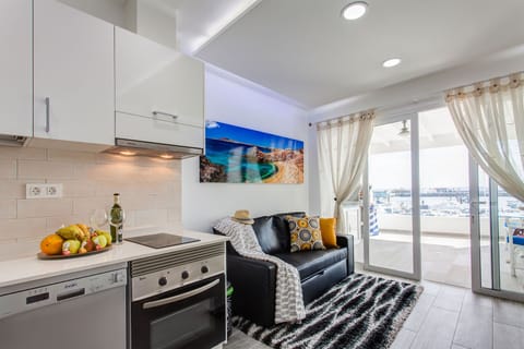Combined living room/kitchen area with access to the beautiful terrase