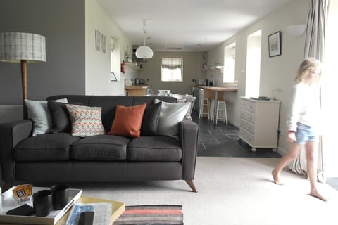 Living room, with dining table for 6 and spacious kitchen.