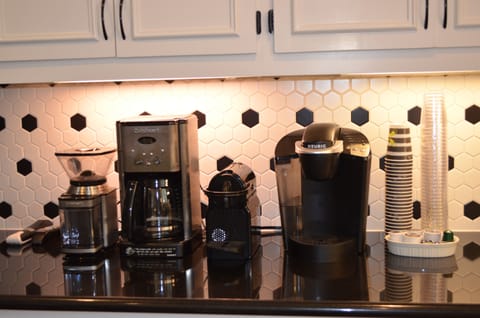 Coffee grinder, drip pot, nespresso and Keurig
