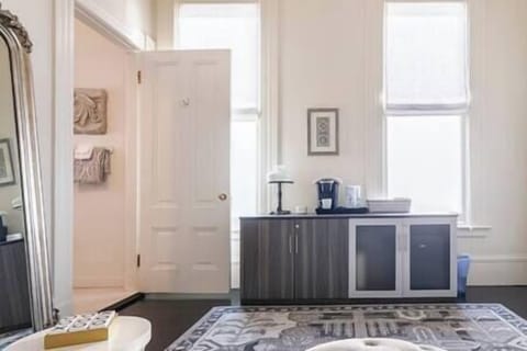 Credenza microwave, fridge, coffee, Britta