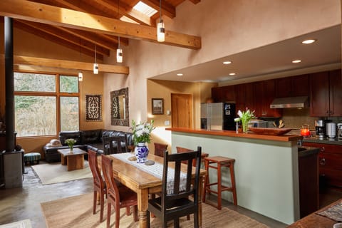 Dining, living and kitchen.