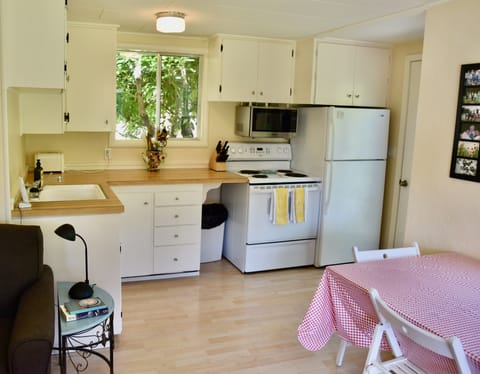 The kitchen has what you need to whip up a meal at the cabin